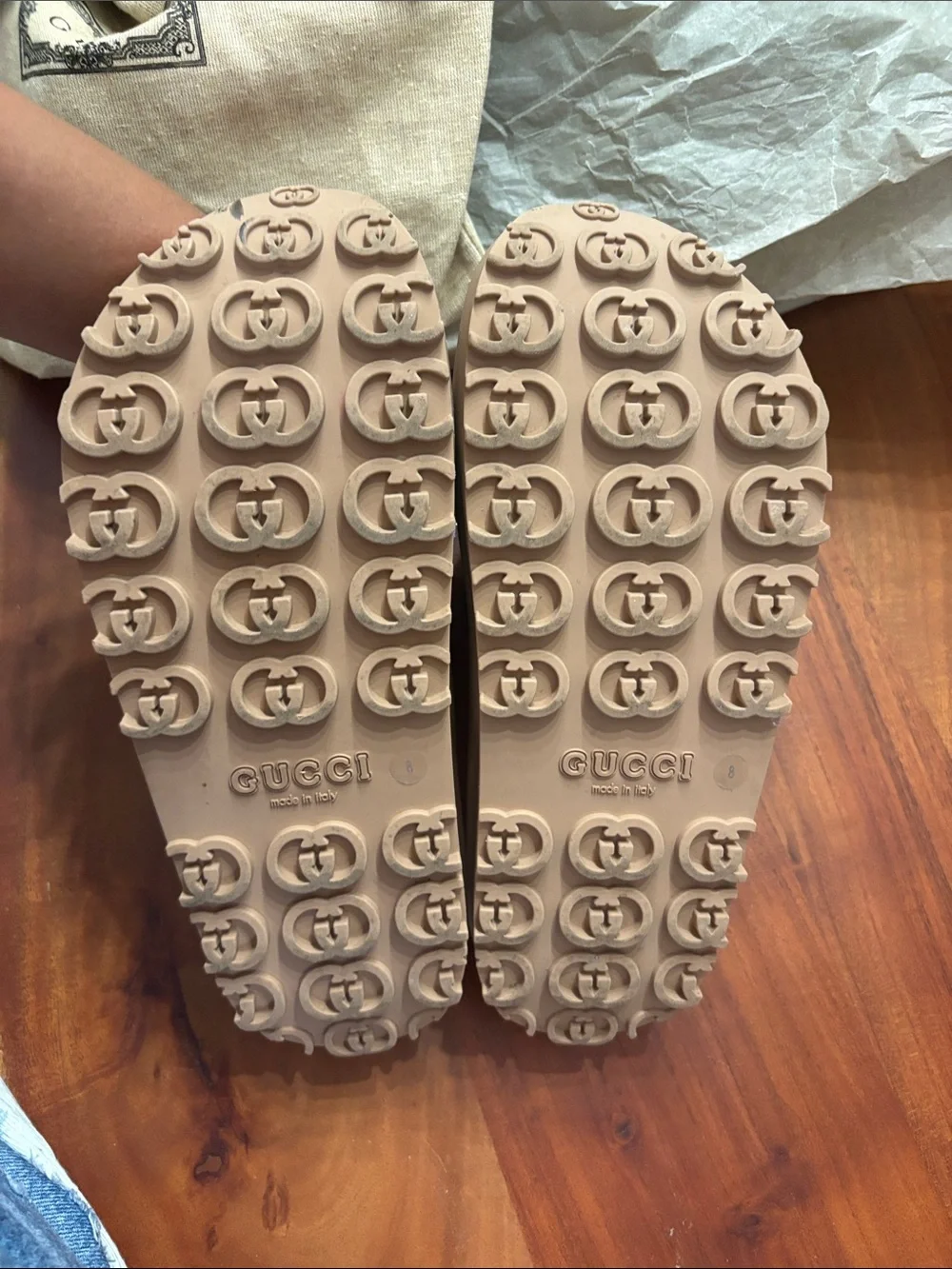 Gucci Taupe Rubber GG Logo Slide Sandals UK 8 Size